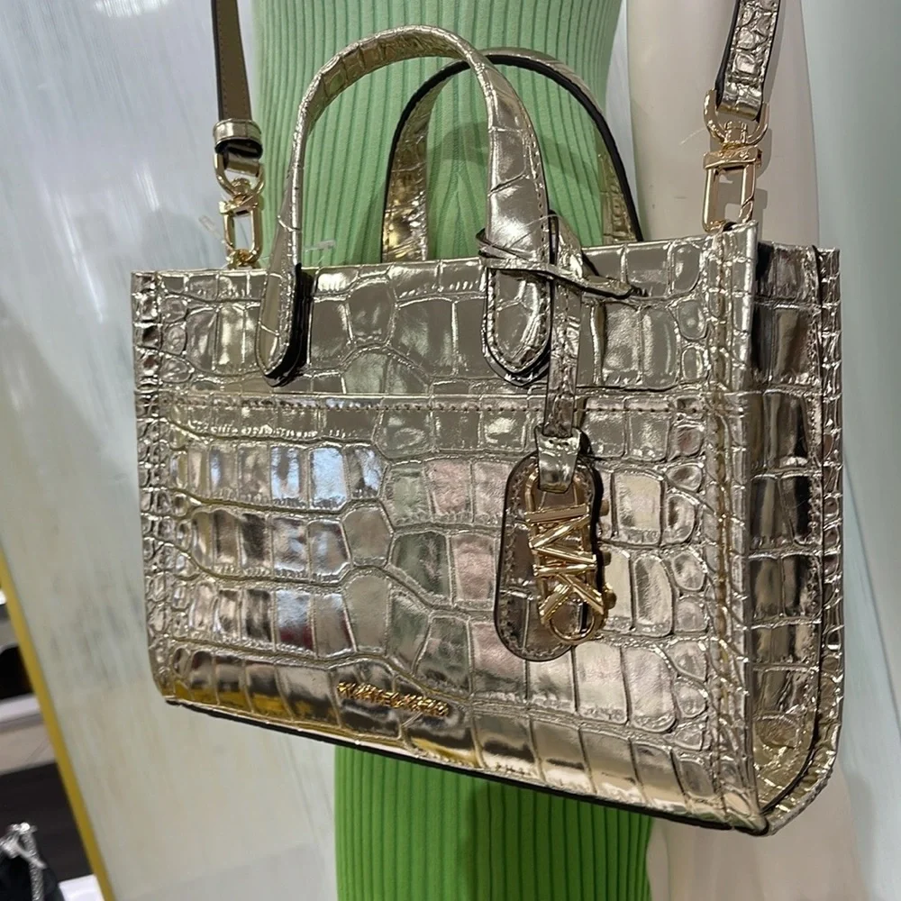 Michael Kors Gigi Small Metallic Crocodile Embossed Leather Messenger Pale Gold